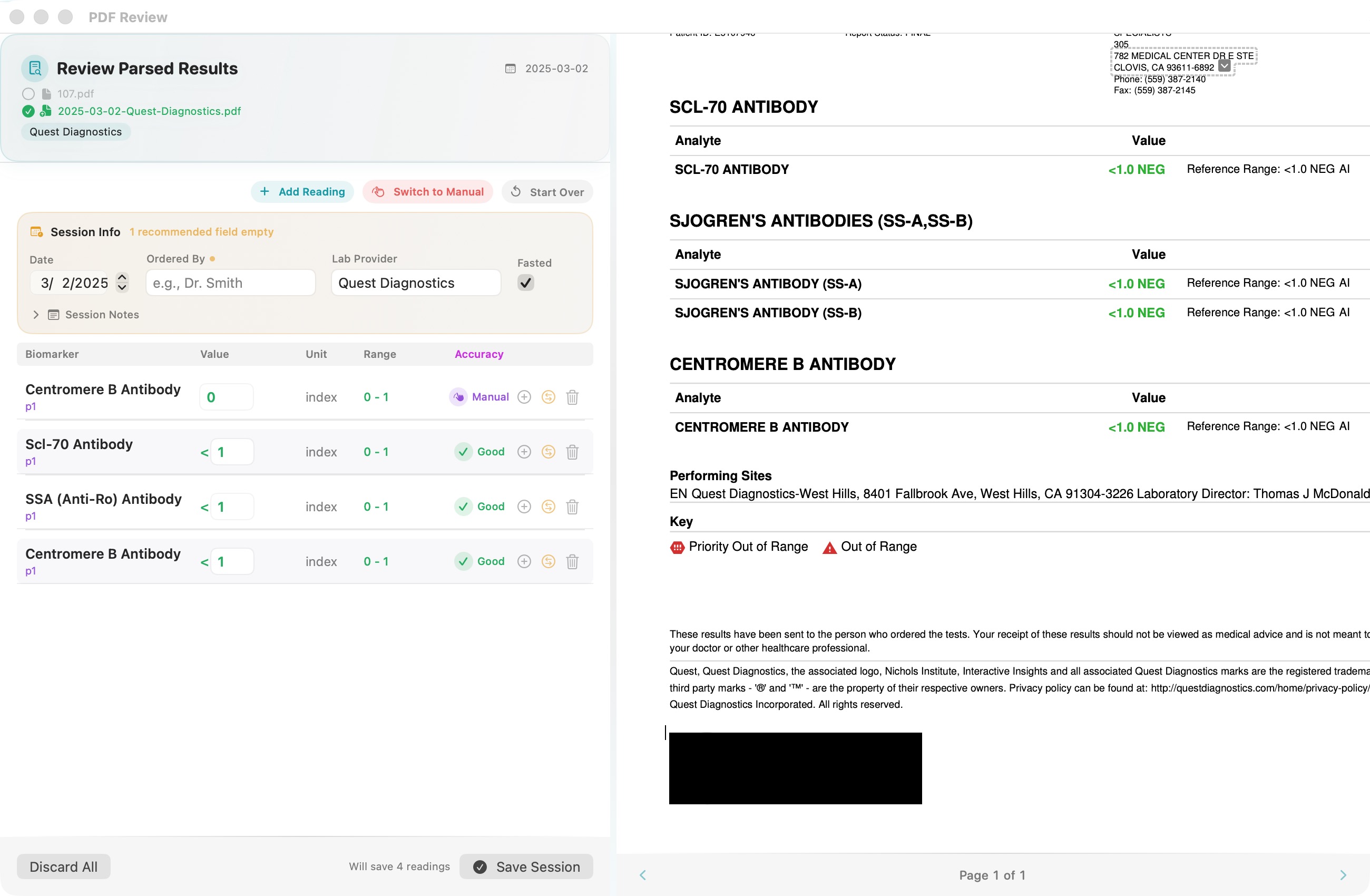 LabsLedger PDF Review showing parsed biomarker results alongside original Quest Diagnostics PDF